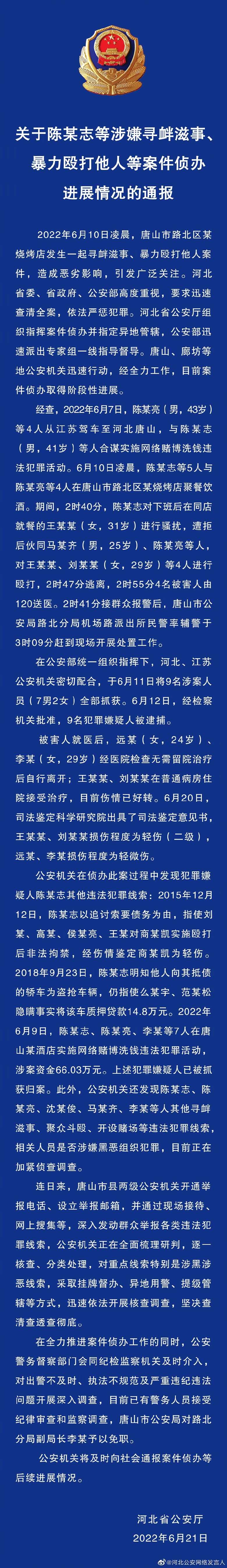 關(guān)于陳某志等涉嫌尋釁滋事、暴力毆打他人等案件偵辦進(jìn)展情況的通報(bào)