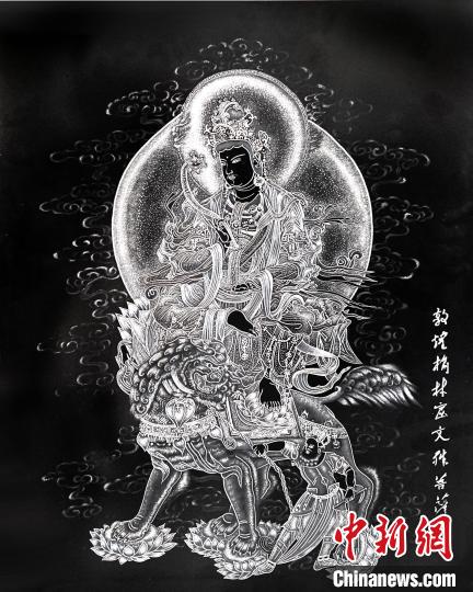 圖為朱增平創(chuàng)作的鍥金畫《敦煌榆林窟文殊菩薩》。(資料圖) 受訪者供圖