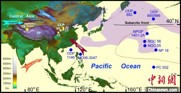 塔里木沙塵傳輸至北太平洋的路徑(陰影區(qū))及西昆侖山黃土巖芯位置(五角星)。　中科院青藏高原所 供圖