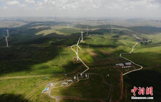 6月28日，河北張家口張北草原上大片風(fēng)力發(fā)電的“風(fēng)車”規(guī)模宏大。 中新社記者 楊艷敏 攝