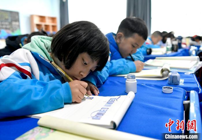 3月14日，西藏拉薩市第一小學(xué)一年級(jí)六班的學(xué)生們?cè)诓卣Z文課上書寫藏文?！±盍?攝