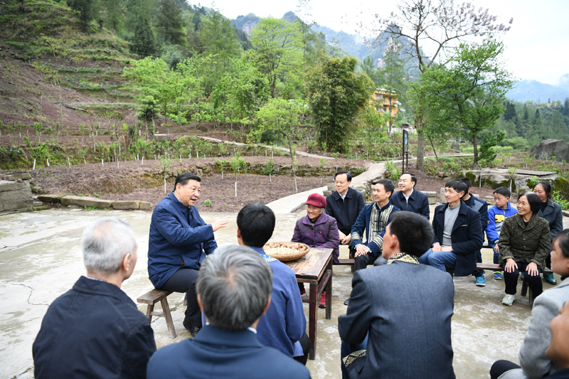 2019年4月15日至17日，中共中央總書記、國(guó)家主席、中央軍委主席習(xí)近平在重慶考察，并主持召開(kāi)解決“兩不愁三保障”突出問(wèn)題座談會(huì)。這是4月15日下午，習(xí)近平在石柱土家族自治縣中益鄉(xiāng)華溪村同村民代表、基層干部、扶貧干部、鄉(xiāng)村醫(yī)生等圍坐在一起，共話脫貧攻堅(jiān)。新華社記者 謝環(huán)馳 攝