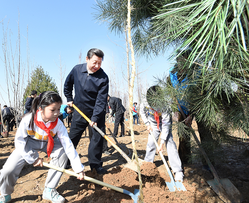 2015年4月3日，習近平總書記同大家一起植樹。