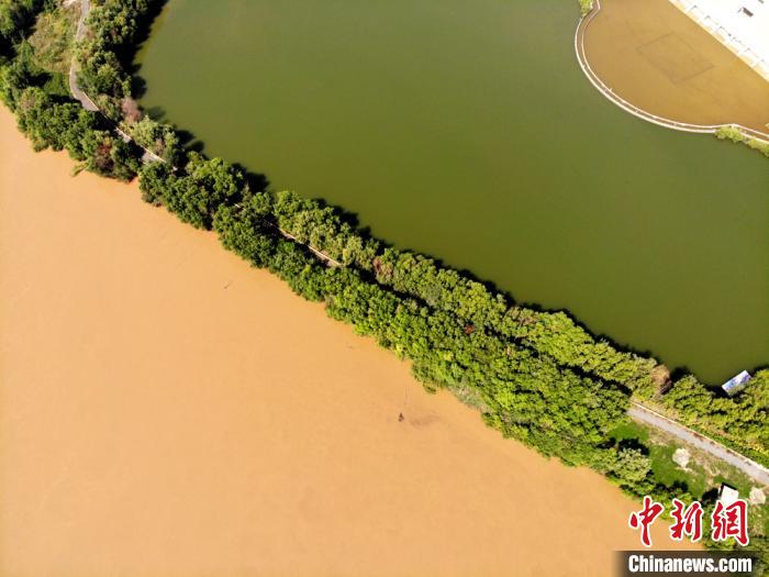 圖為2020年9月3日航拍黃河蘭州段濕地公園現(xiàn)黃河“鴛鴦鍋”。(資料圖) 高瑩 攝